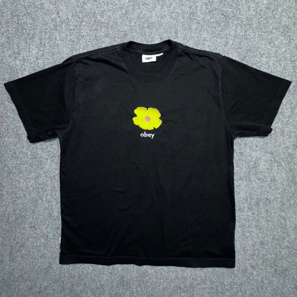 Obey T-Shirt Mens XL Black Flower Graphic Organic Cotton Short Sleeve Tee